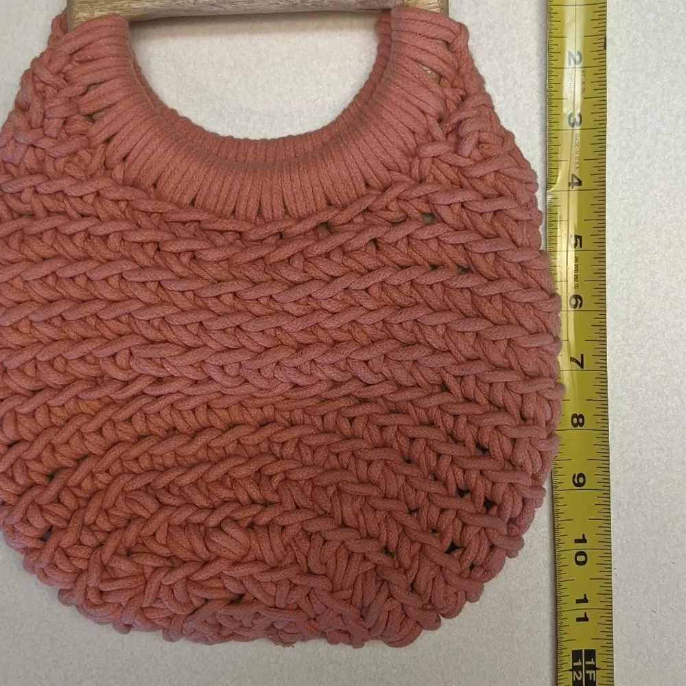 A New Day peach coral woven cotton purse handbag w/ wooden handles 9